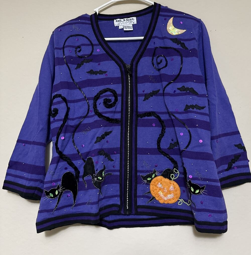 Vintage Jack B Quick Halloween Sweater Size L Black Cat Beaded Zip Cardigan